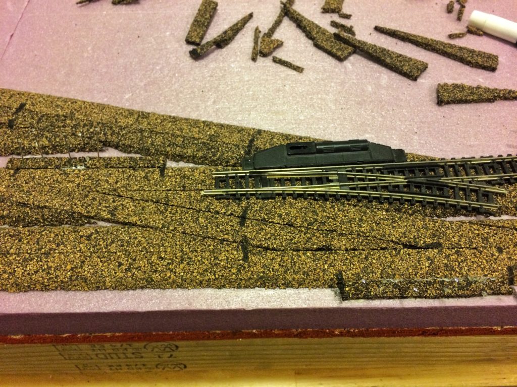 Closeup of how the cork was cut along with a turnout that I used to test the alignment.